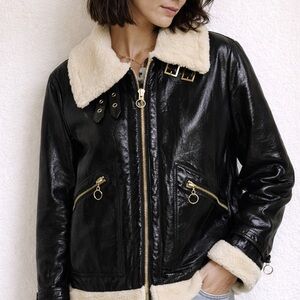 Jonathan Simkhai Black‎ Vegan Leather Sherpa Aviator Jacket XS